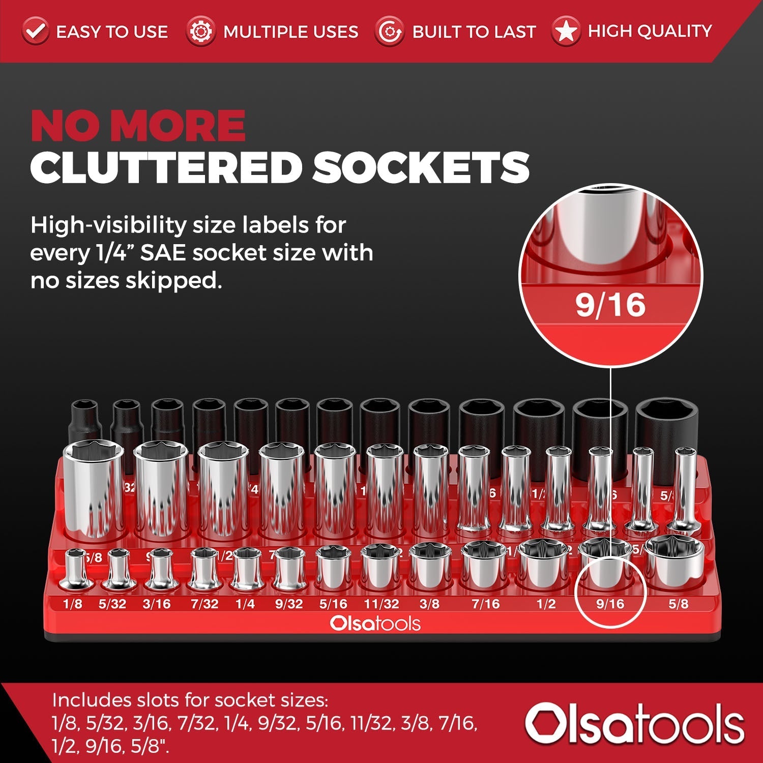 3-Row Magnetic Socket Holder Organizes 75+ 1/4",3/8",1/2" Drive Sockets