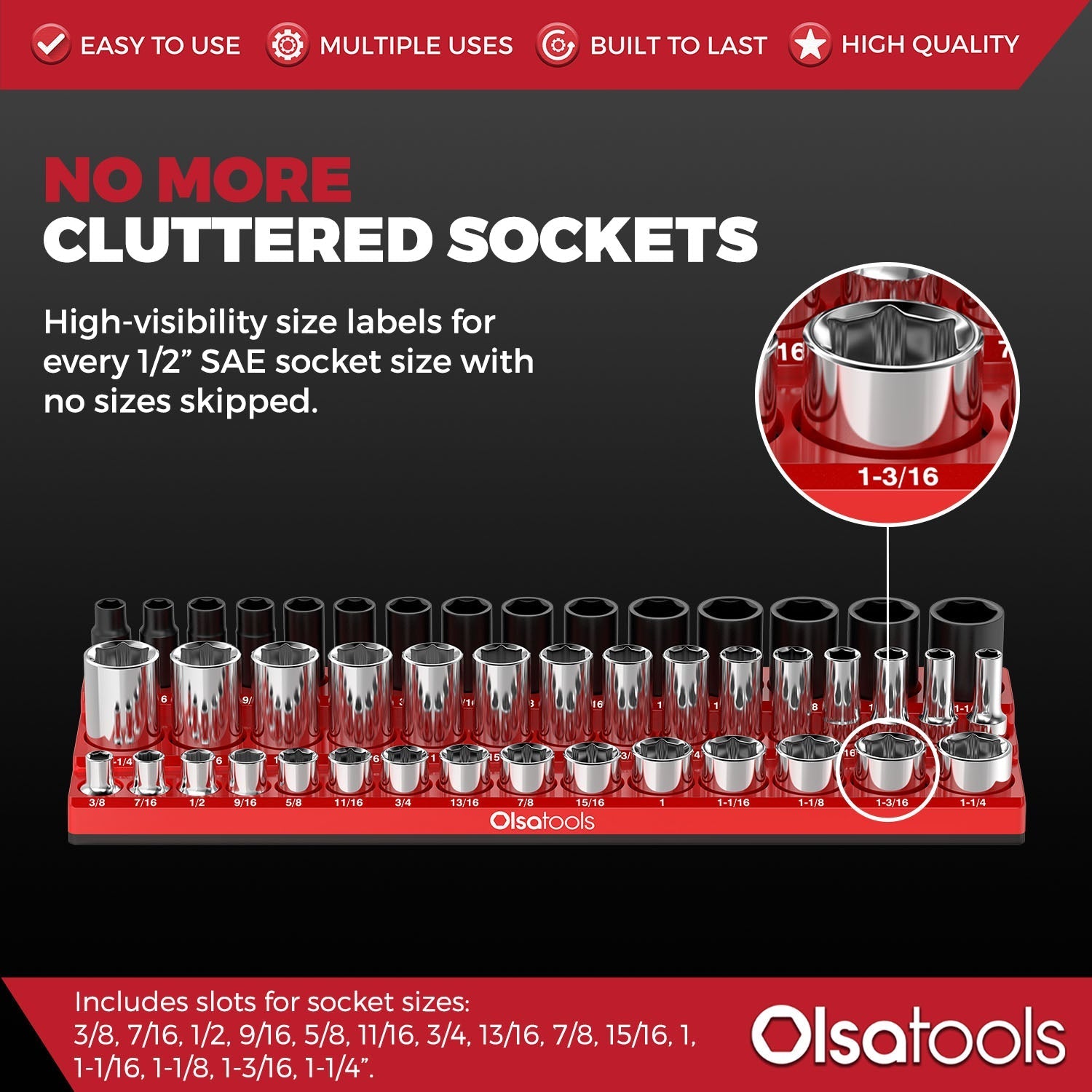 3-Row Magnetic Socket Holder Organizes 75+ 1/4",3/8",1/2" Drive Sockets