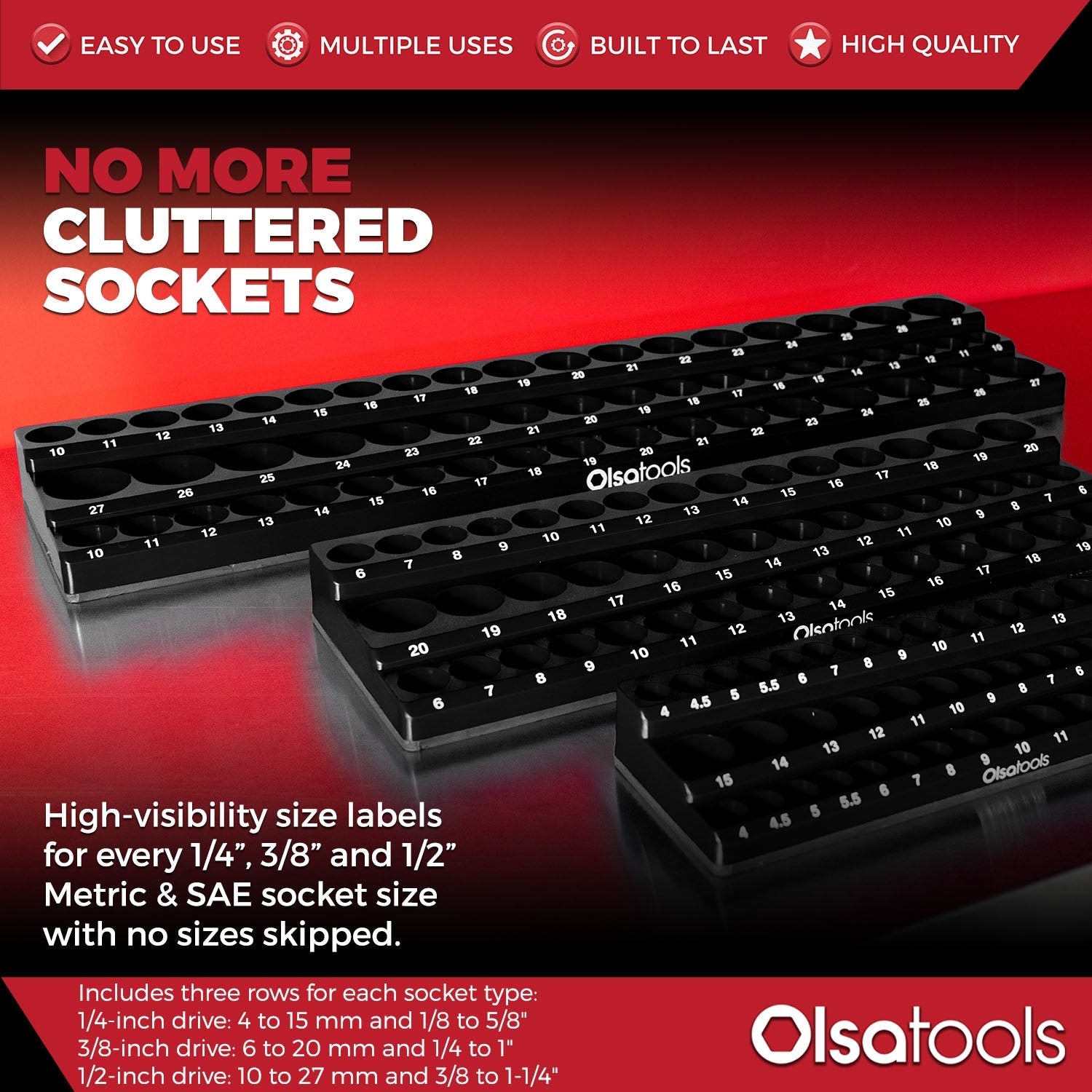 3-Row Magnetic Socket Holder Organizes 75+ 1/4",3/8",1/2" Drive Sockets