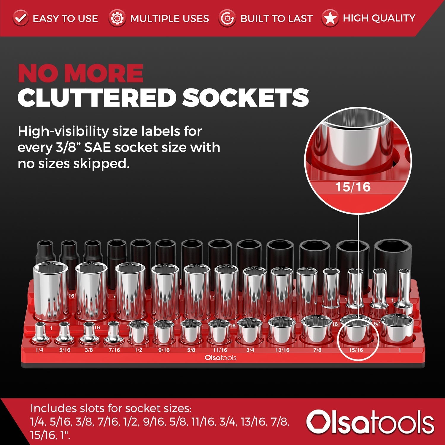 3-Row Magnetic Socket Holder Organizes 75+ 1/4",3/8",1/2" Drive Sockets