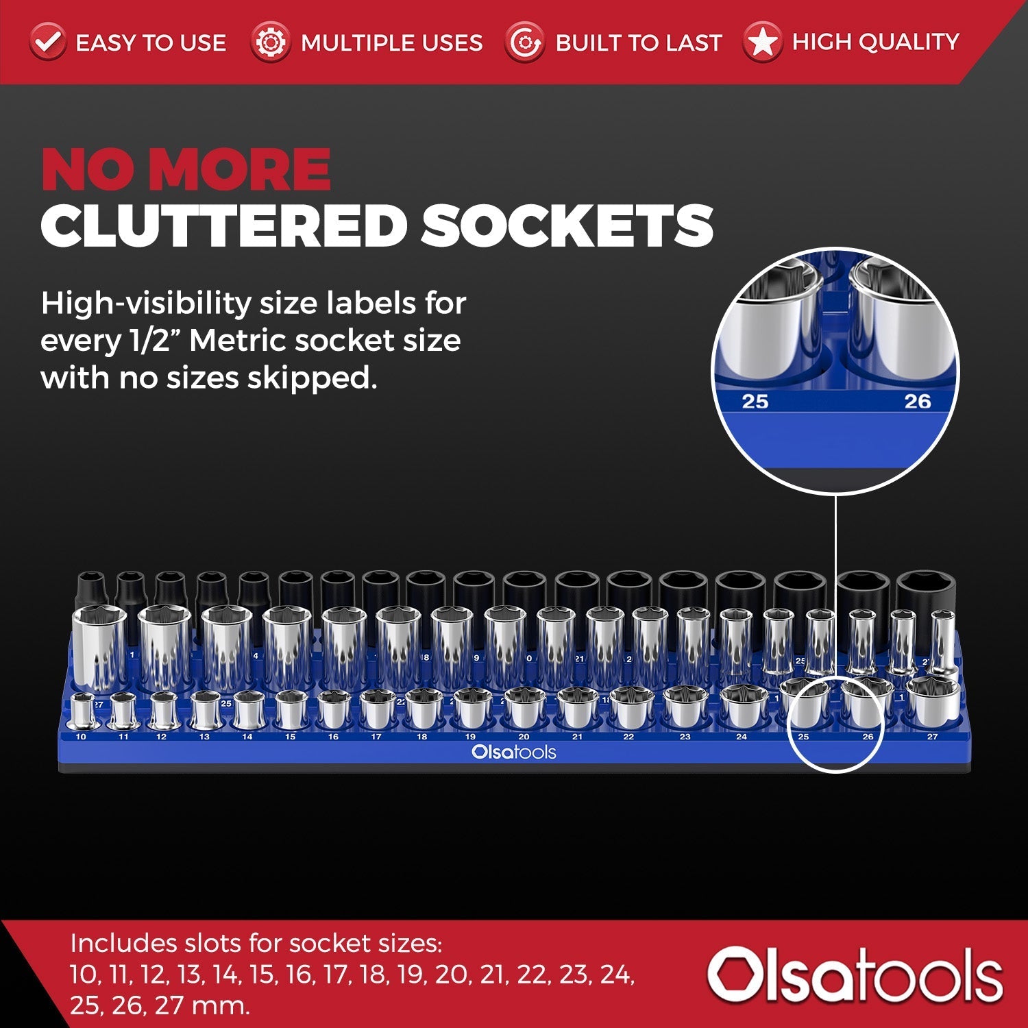 3-Row Magnetic Socket Holder Organizes 75+ 1/4",3/8",1/2" Drive Sockets