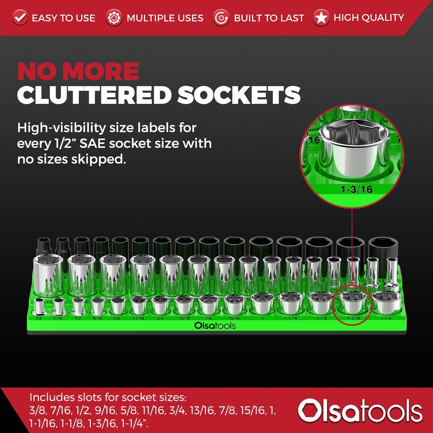 3-Row Magnetic Socket Holder Organizes 75+ 1/4",3/8",1/2" Drive Sockets