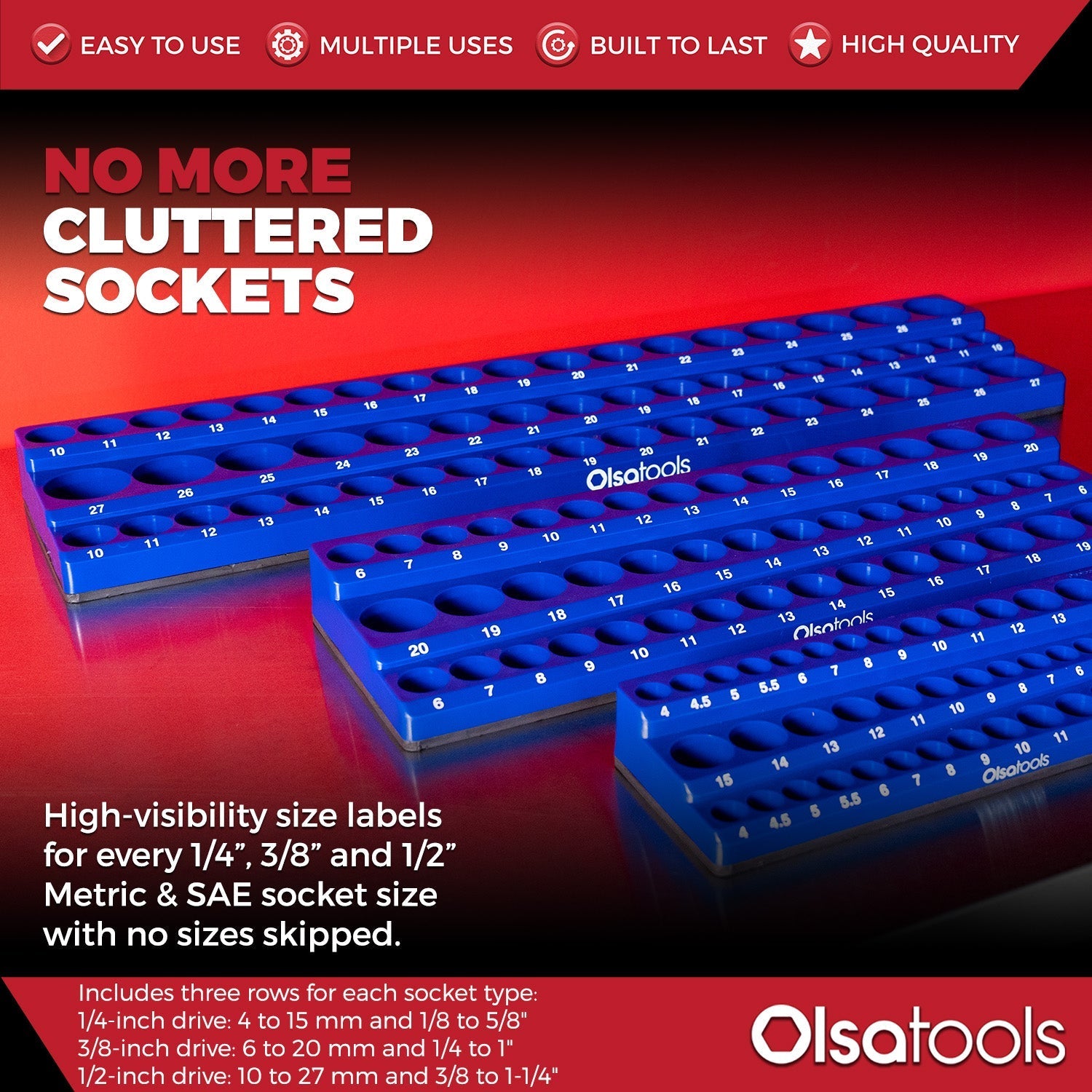 3-Row Magnetic Socket Holder Organizes 75+ 1/4",3/8",1/2" Drive Sockets