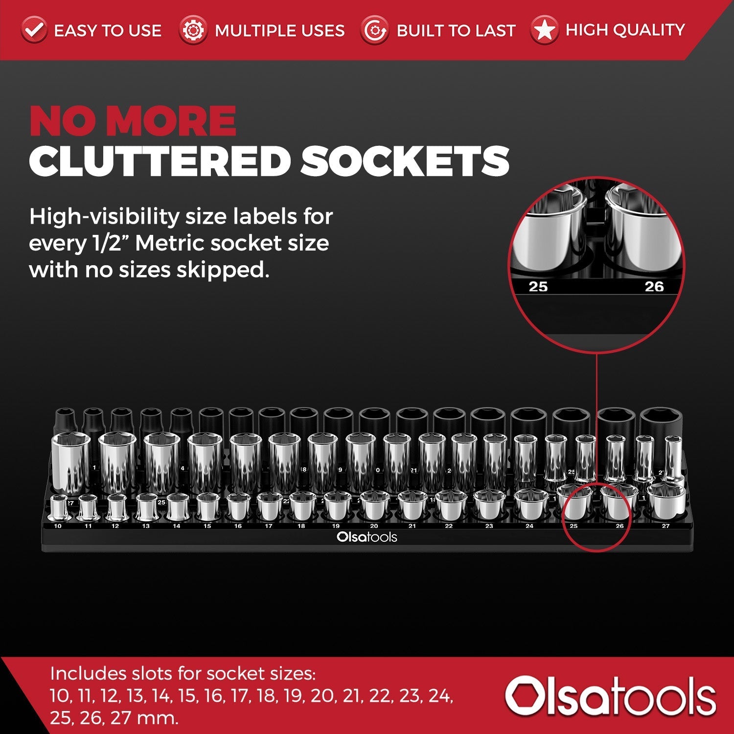 3-Row Magnetic Socket Holder Organizes 75+ 1/4",3/8",1/2" Drive Sockets