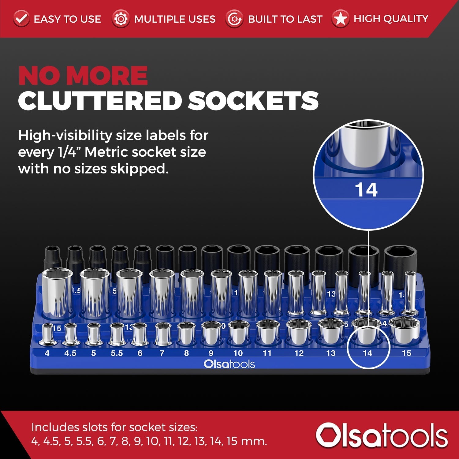 3-Row Magnetic Socket Holder Organizes 75+ 1/4",3/8",1/2" Drive Sockets