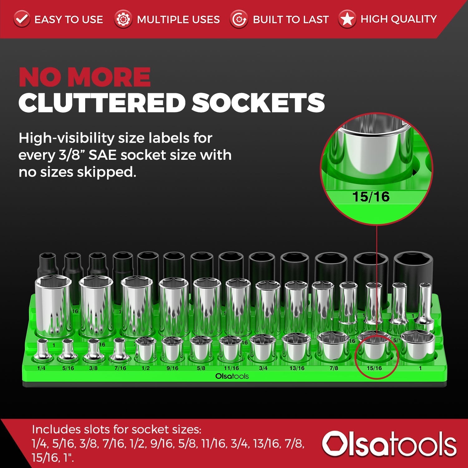 3-Row Magnetic Socket Holder Organizes 75+ 1/4",3/8",1/2" Drive Sockets