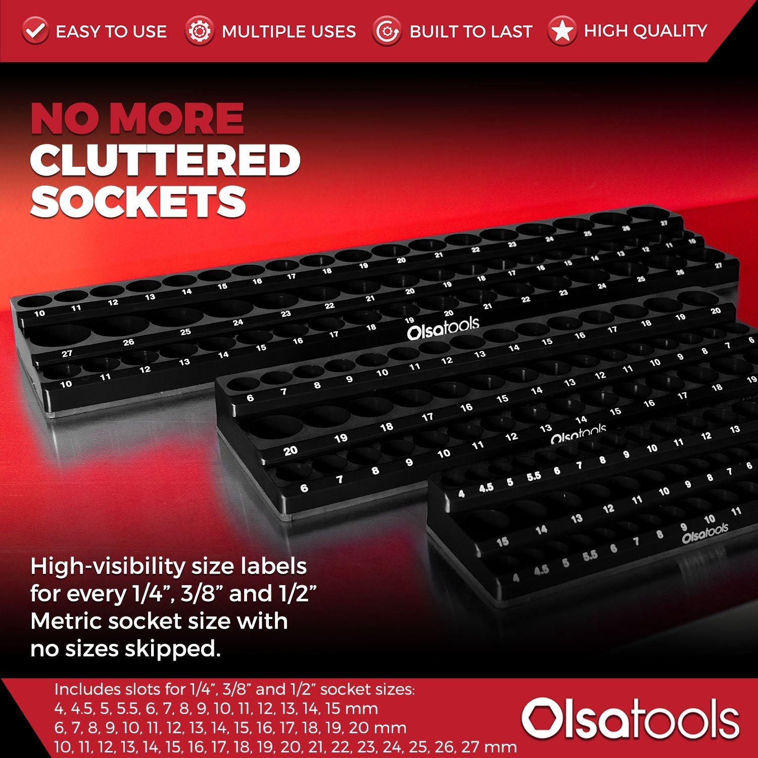 3-Row Magnetic Socket Holder Organizes 75+ 1/4",3/8",1/2" Drive Sockets