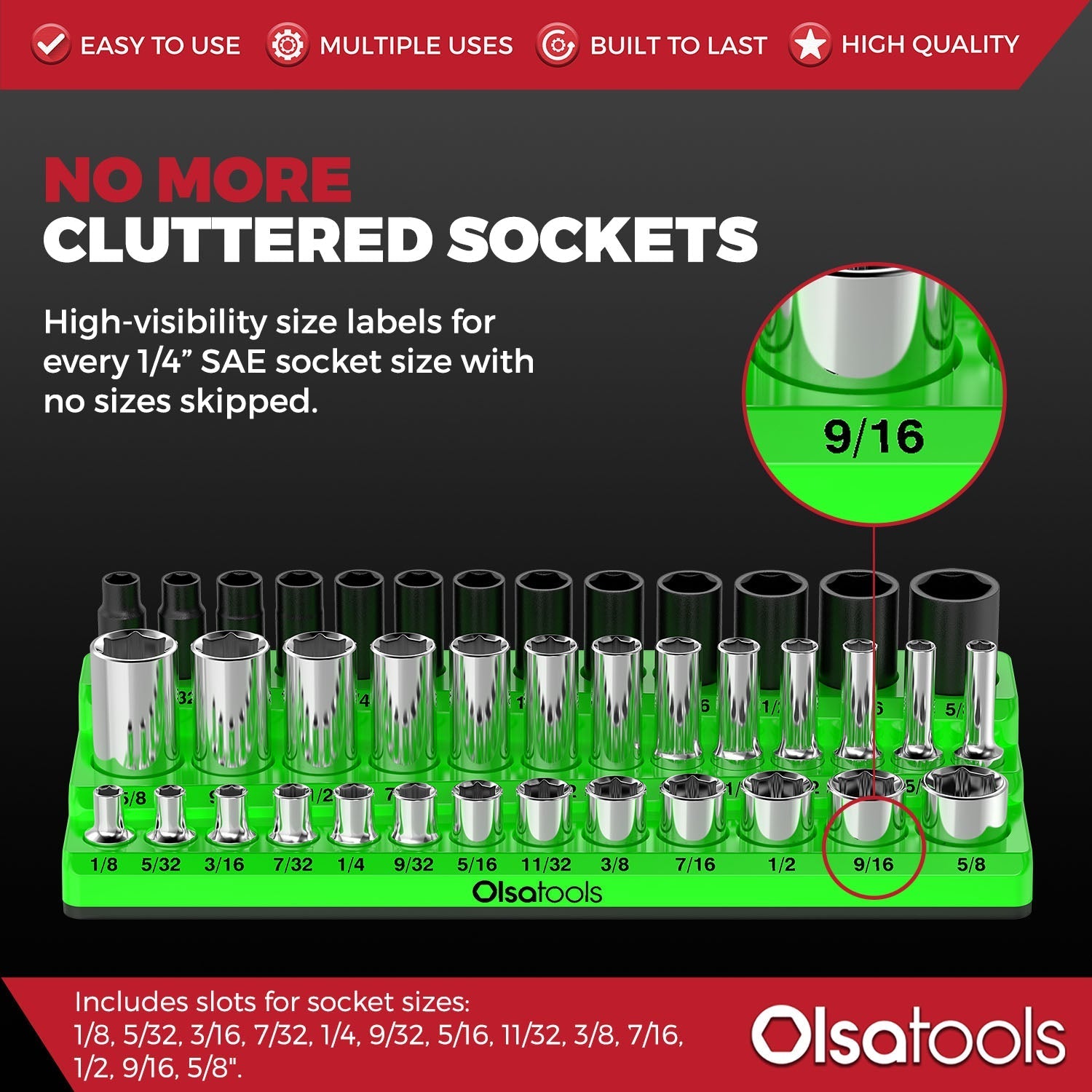 3-Row Magnetic Socket Holder Organizes 75+ 1/4",3/8",1/2" Drive Sockets