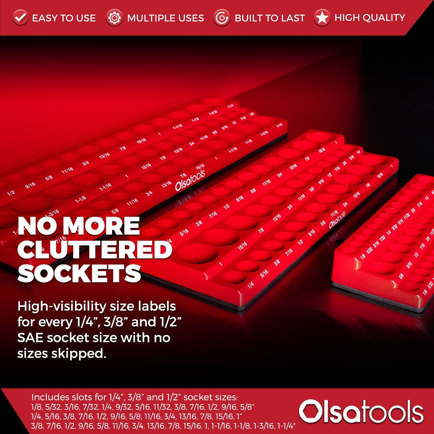 3-Row Magnetic Socket Holder Organizes 75+ 1/4",3/8",1/2" Drive Sockets