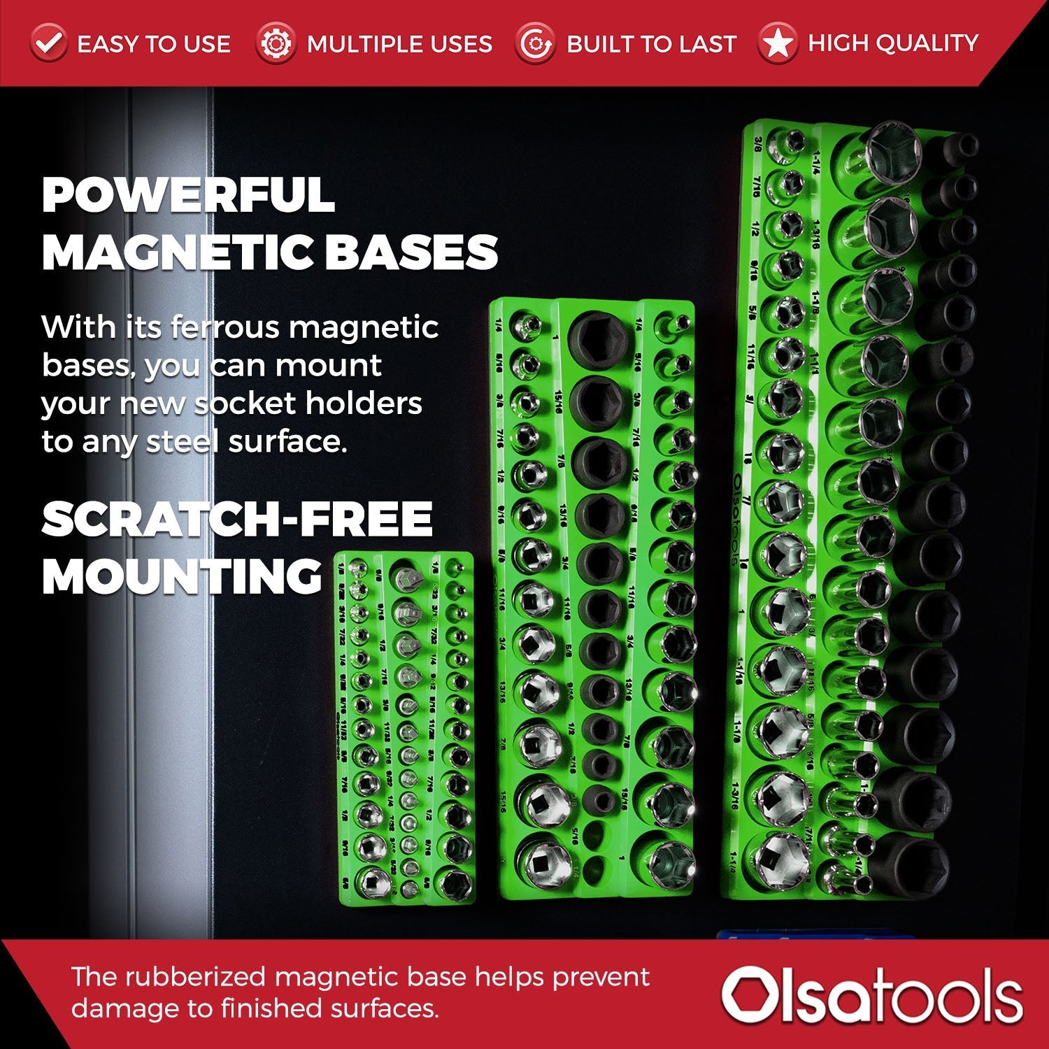 3-Row Magnetic Socket Holder Organizes 75+ 1/4",3/8",1/2" Drive Sockets