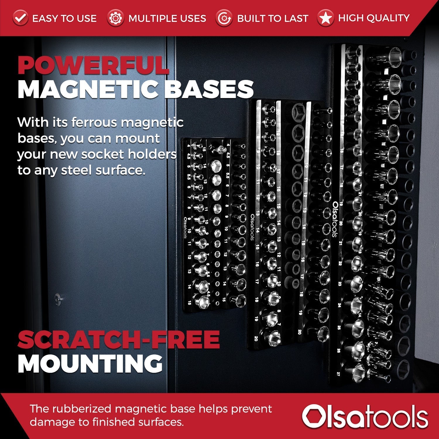 3-Row Magnetic Socket Holder Organizes 75+ 1/4",3/8",1/2" Drive Sockets