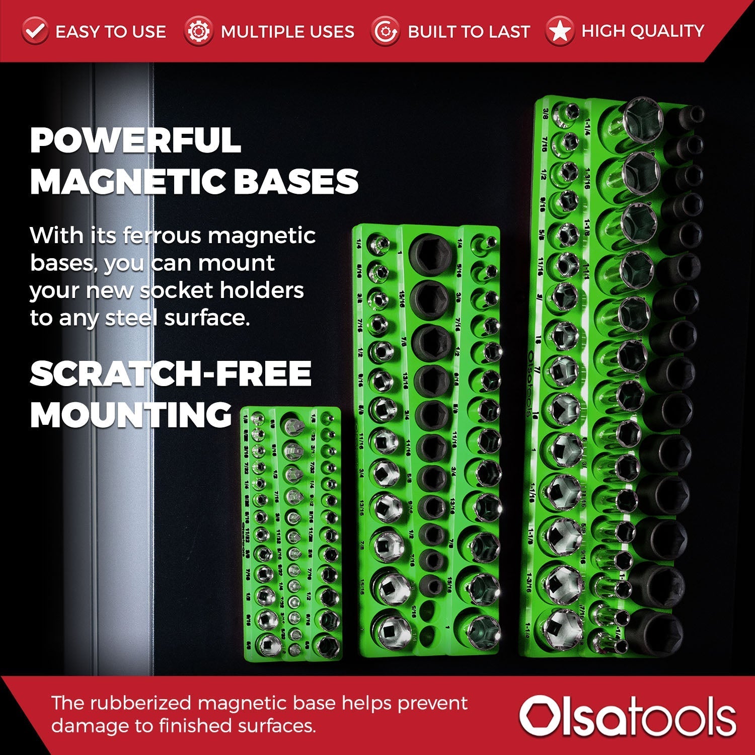 3-Row Magnetic Socket Holder Organizes 75+ 1/4",3/8",1/2" Drive Sockets