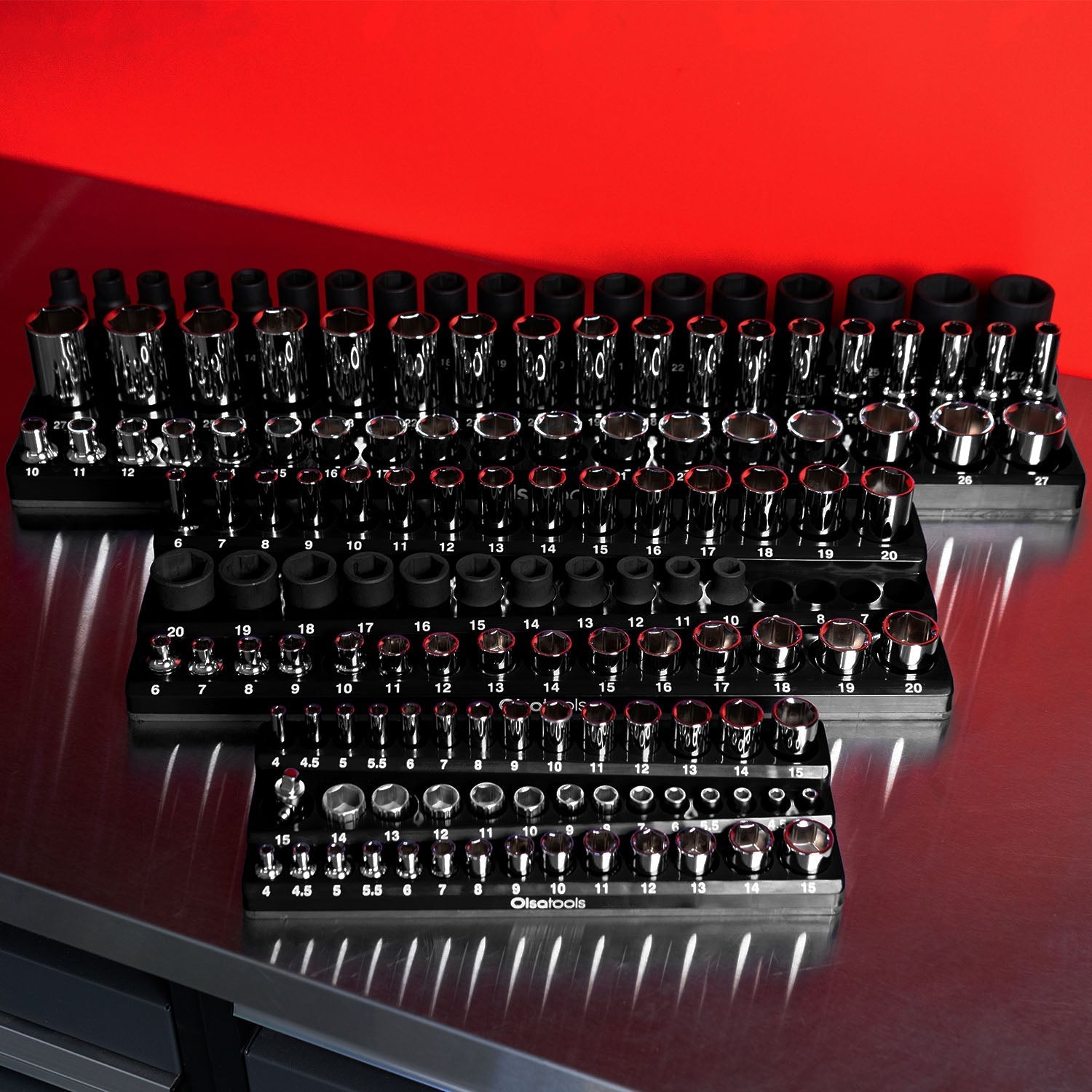 3-Row Magnetic Socket Holder Organizes 75+ 1/4",3/8",1/2" Drive Sockets