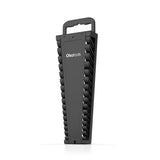 Portable wrench organizer holding up to 15 wrenches for easy transport.