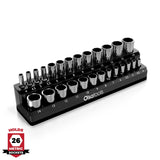 2-row magnetic socket holder with labeled slots for all drive sizes