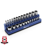 2-row magnetic socket holder with labeled slots for all drive sizes