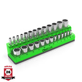 2-row magnetic socket holder with labeled slots for all drive sizes