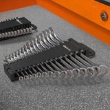 Portable wrench organizer holding up to 15 wrenches for easy transport.