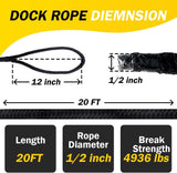 1/2'' x 20' Double Braided Nylon Dock Lines Durable Marine-Grade Boat Ropes with 12'' Pre-Spliced Loop for Docking & Mooring