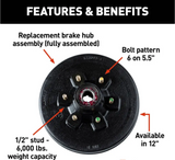 CURT 12" RV Brake Drum Hub for 6,000-lb Axle - 6 on 5.5", 1/2" Stud (Fully Assembled) #814202