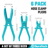 6-piece hose clamp set for flexible hoses, fuel, brake, gas, radiator line repair, anti-slip handles, heat-resistant nylon.