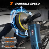 1600W rotary buffer polisher for car, boat, and furniture, with 7-speed settings and detachable handles.