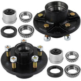 A set of trailer idler hub components including hubs, bearings, grease seals, and wheel nuts laid out on a white background.