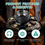 Person holding a metal product with features and benefits text above
