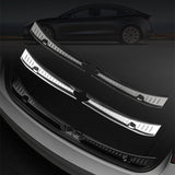 Anti-scratch rear bumper protector for Tesla Model 3, made of stainless steel with carbon fiber texture, providing durable protection and a sleek look.