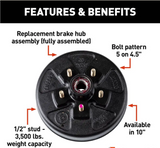 CURT 10" RV Brake Drum Hub for 3,500-lb Axle - 5 on 4.5", 1/2" Stud (Fully Assembled) #814200