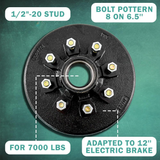 Trailer Brake Drum 12"x2" Heavy Duty 8 on 6.5" Bolt Circle for 7000 lbs Axle Trailer Brake Hub 008-219-04, 22004k
