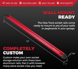 Customizable 17-inch aluminum socket rail with rubber endcaps for organization.