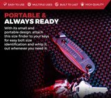 Bolt size finder keychain tool for quick and easy bolt size identification.