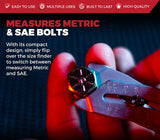 Bolt size finder keychain tool for quick and easy bolt size identification.