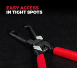 Close-up of push tab electrical connector removal pliers used in car engine repair