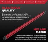 Customizable 17-inch aluminum socket rail with rubber endcaps for organization.