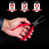 Close-up of push tab electrical connector removal pliers used in car engine repair
