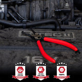 Close-up of push tab electrical connector removal pliers used in car engine repair