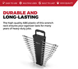 Portable wrench organizer holding up to 15 wrenches for easy transport.