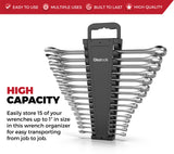 Portable wrench organizer holding up to 15 wrenches for easy transport.