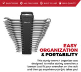 Portable wrench organizer holding up to 15 wrenches for easy transport.