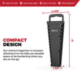 Portable wrench organizer holding up to 15 wrenches for easy transport.