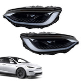 LED Headlight Assembly for Tesla Model X (2016-2023) with chrome housing, sequential turn signals, and cold white light.