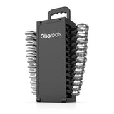 Portable wrench organizer holding up to 15 wrenches for easy transport.