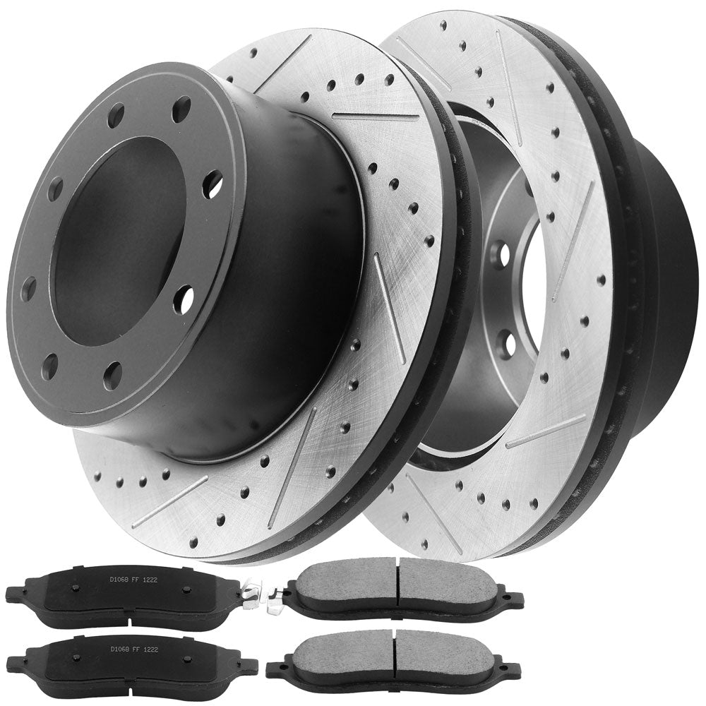 JADODE Rear Drill Brake Rotors + Ceramic Pads For Ford F-250 F-350 Super Duty 4WD SRW